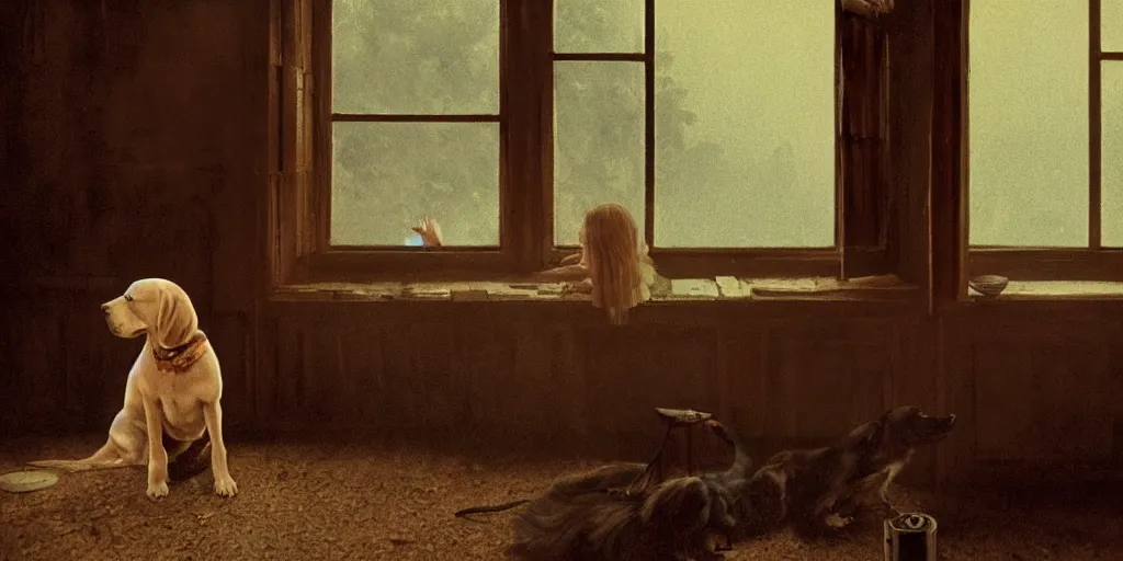 Image similar to portrait bust of emma stone petting a dog, solemn expression, faded color film, russian cinema, tarkovsky, kodachrome, old cabin, next to window, heavy forest outside, long brown hair, old clothing, heavy fog, hudson river school, 4 k, dramatic lighting, greg rutkowski
