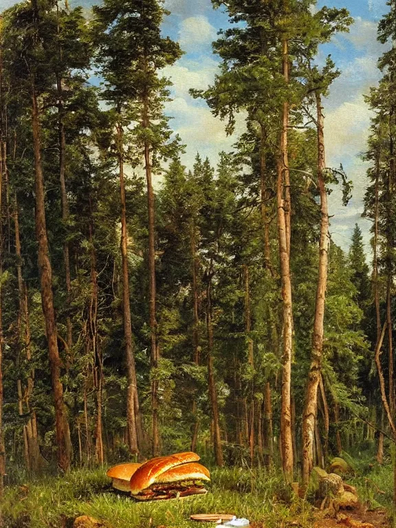 Image similar to Ivan Shishkin painting of a beautiful burger as a wild animal hiding at forest, beautiful lighting, sunny, summer, painting Ivan Shishkin