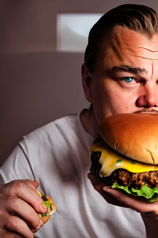 Prompt: very fat with thick cheeks Leonardo DiCaprio eating big hamburger in Miami, photorealistic, artstation, 8k, 35mm, portrait, studio light-n 9