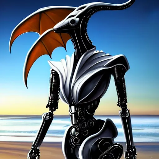 Image similar to full body shot, realistic detailed stunning beautiful anthropomorphic robot mechanical female dragon, doing an elegant pose with hand on hip, looking to the side, sleek streamlined armor and design, sharp claws, sleek head, long tail, standing on two legs, wearing a hooded cloak that blows in the wind from behind her, on the beach during sunset, high quality, cinematic art, sunset lighting, artstation, deviantart, furaffinity