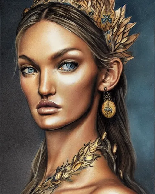 Image similar to realism tattoo sketch of candice swanepoel as a beautiful greek goddess aphrodite with piercing eyes wearing a laurel wreath and triangle earrings, in the style of greg rutkowski, amazing detail