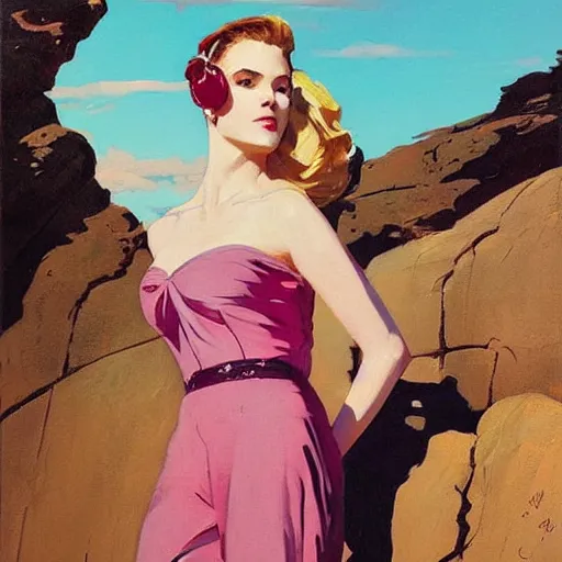 Image similar to an attractive female standing on a cliff, looking out at a pink ocean, by jc leyendecker!! phil hale!, angular, brush strokes, painterly, vintage, crisp