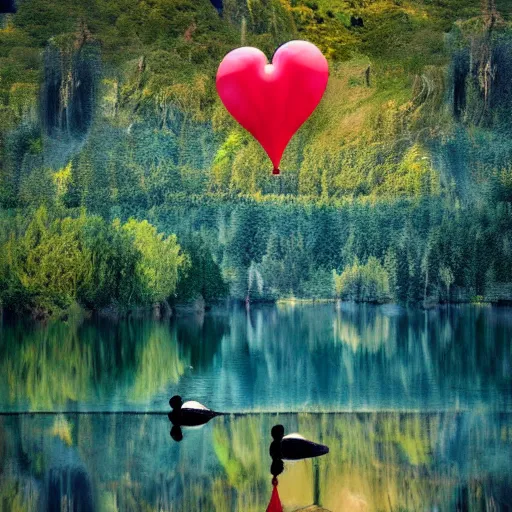 Image similar to photo of two black swans swimming in a beautiful reflective mountain lake, touching heads, forming a heart with their necks, a colorful hot air balloon is flying above the swans, hot air balloon, intricate, 8k highly professionally detailed, HDR, CGsociety