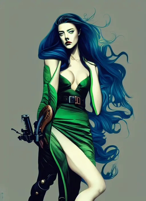 Prompt: style artgerm, joshua middleton, amber heard with green dress, very long blue hair, symmetrical face, symmetrical eyes, steampunk western gunslinger with cyborg arm, cinematic lighting