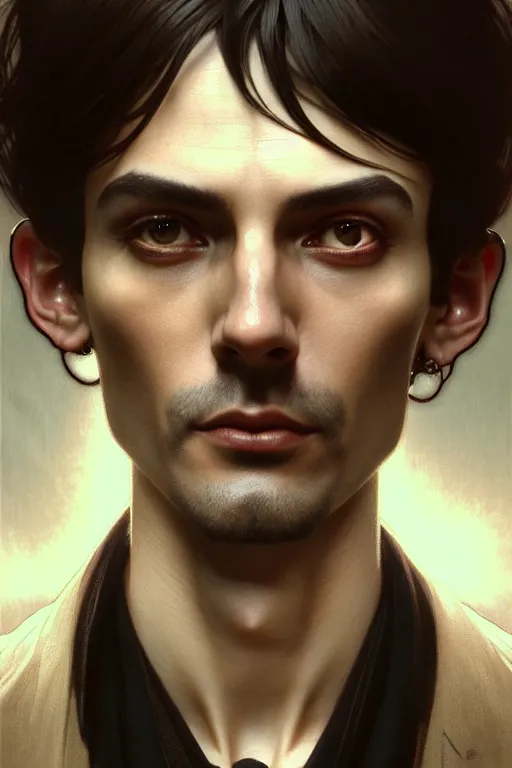 Image similar to ultra realistic, thin man in nice modern clothes, black hair, brown eyes, occult jewelry, fantasy, intricate details, eerie, highly detailed, octane render, 8 k, art by artgerm and alphonse mucha and greg rutkowski