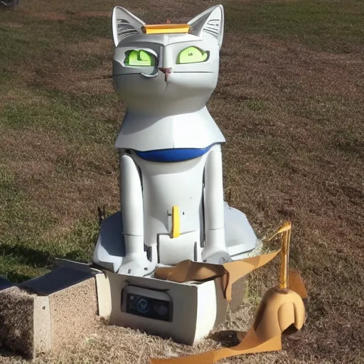 Image similar to a cat sitting on top of a robot suit, a statue by Studio Ghibli, featured on reddit, mingei, made of cardboard, sci-fi, futuristic