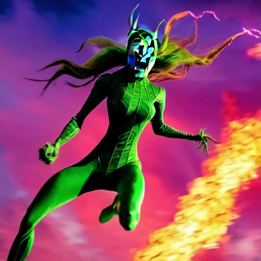 Image similar to anya taylor joy as the green goblin from spiderman flying out of a gas cloud, hyper realistic 4 k high detail uhd