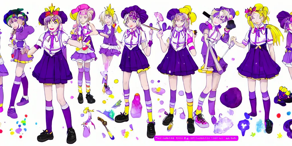 Image similar to A character sheet of a magical girl holding a paintbrush with short blond hair and freckles wearing an oversized purple Beret, Purple overall shorts, jester shoes, a flowing yellow scarf, and white leggings covered in stars. Rainbow accents on outfit. Concept Art. Card captor Sakura inspired. Sailor Moon Inspired. Madoka Magica Inspired. By Naoko Takeuchi. By CLAMP. By WLOP. JPOP Outfit. KPOP Outfit