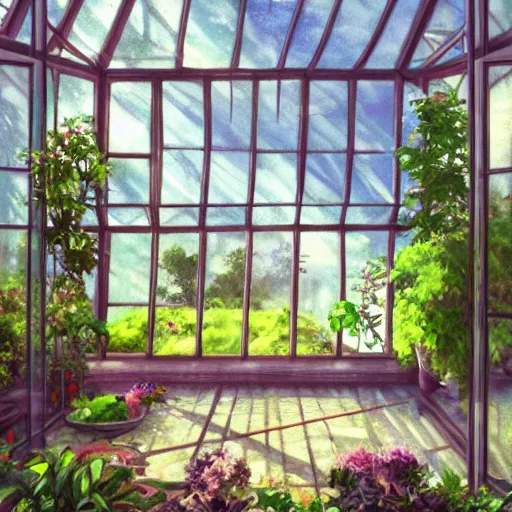 Image similar to a heavenly dream view from the interior of my cozy greenhouse filled with exotic and numerous plants from a Makoto Shinkai oil on canvas inspired pixiv dreamy scenery art majestic fantasy scenery cozy window frame fantasy pixiv scenery art inspired by magical fantasy exterior