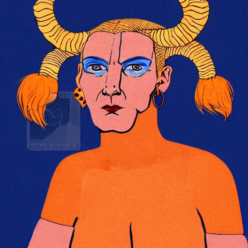 Prompt: illustrated portrait of ugly ram-horned woman with orange skin and a blue hair bob wearing leather armor