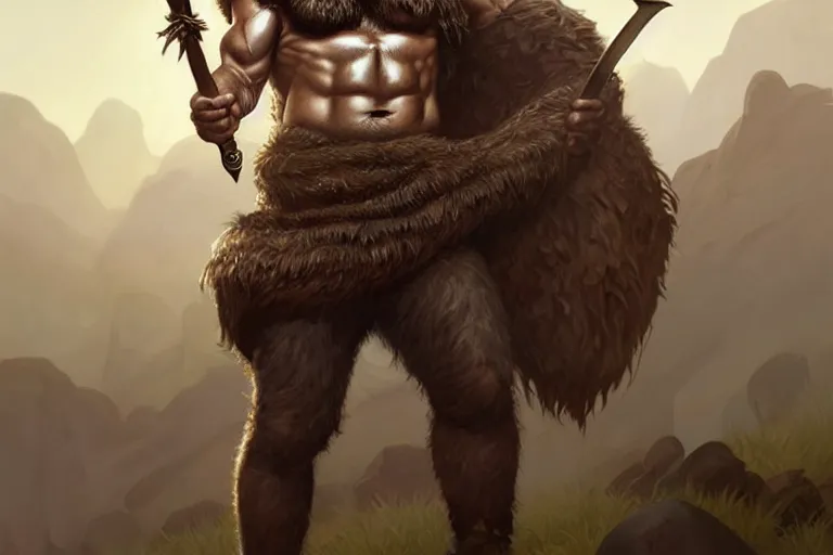 Image similar to full body portrait of a gruff ranger with a spear, lean and toned, handsome face, hairy chest and hairy body, D&D, intricate, elegant, highly detailed, digital painting, artstation, concept art, matte, sharp focus, illustration, art by Artgerm and Greg Rutkowski and Alphonse Mucha