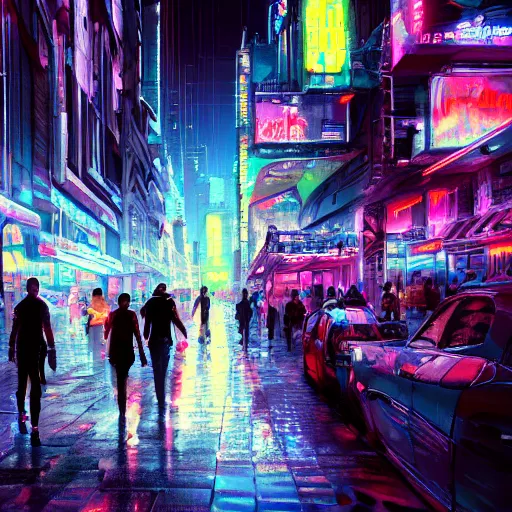 Image similar to Neon city, big street, people walking, Sergey Zabelin, cyberpunk, high detail, photo realistic, art station