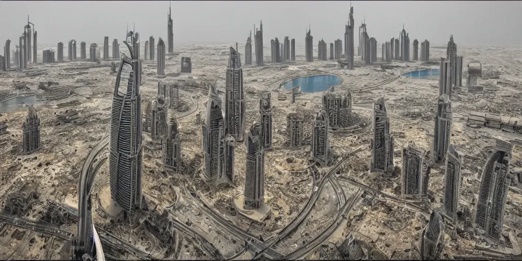 Prompt: ultra detailed and realistic picture of dubai abandoned and semi - destroyed