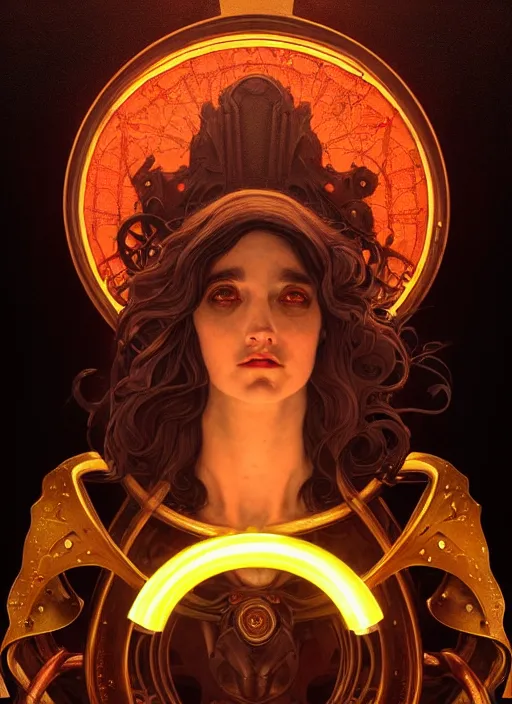 Prompt: the god hephaestus, ash hair, glowing eyes, volumetric lights, yellow and red scheme, art nouveau botanicals, gothic, intricate, highly detailed, digital painting, artstation, concept art, smooth, sharp focus, symmetric face, illustration, steampunk, art by artgerm and greg rutkowski and alphonse mucha