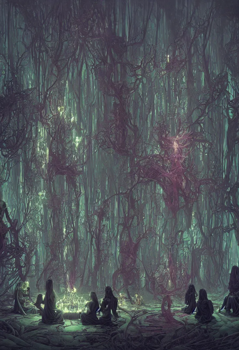 Image similar to a group of beautiful cyberpunk witches having a seance in a bioluminescent forest - by greg rutkowski and raymond swanland hr giger and zdzislaw beksinski and alphonse mucha and moebius, matte painting, hyperdetailed, symmetry, art nouveau, beautiful render, concept art