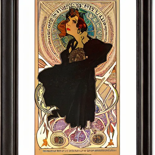 Image similar to female occult detective, painted by alphonse mucha