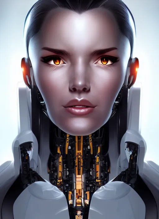 Image similar to portrait of a cyborg woman by Artgerm, face turns left+100 (((((face turns right))))), open eyes , biomechanical, hyper detailled, trending on artstation