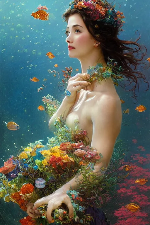 Image similar to portrait of a beautiful mysterious woman holding a bouquet of flowing flowers, hands hidden under the bouquet, submerged underwater filled with colorful small fish and coral reef, fantasy, regal, intricate, by stanley artgerm lau, greg rutkowski, thomas kindkade, alphonse mucha, loish, norman rockwell