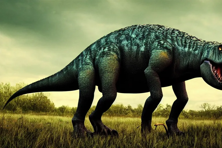 Image similar to Realistic photograph of a somber dinosaur standing in the distance in the style of Dark Naturalism, Jungle Grunge, twilight, glows, detailed, studio quality, hd image,