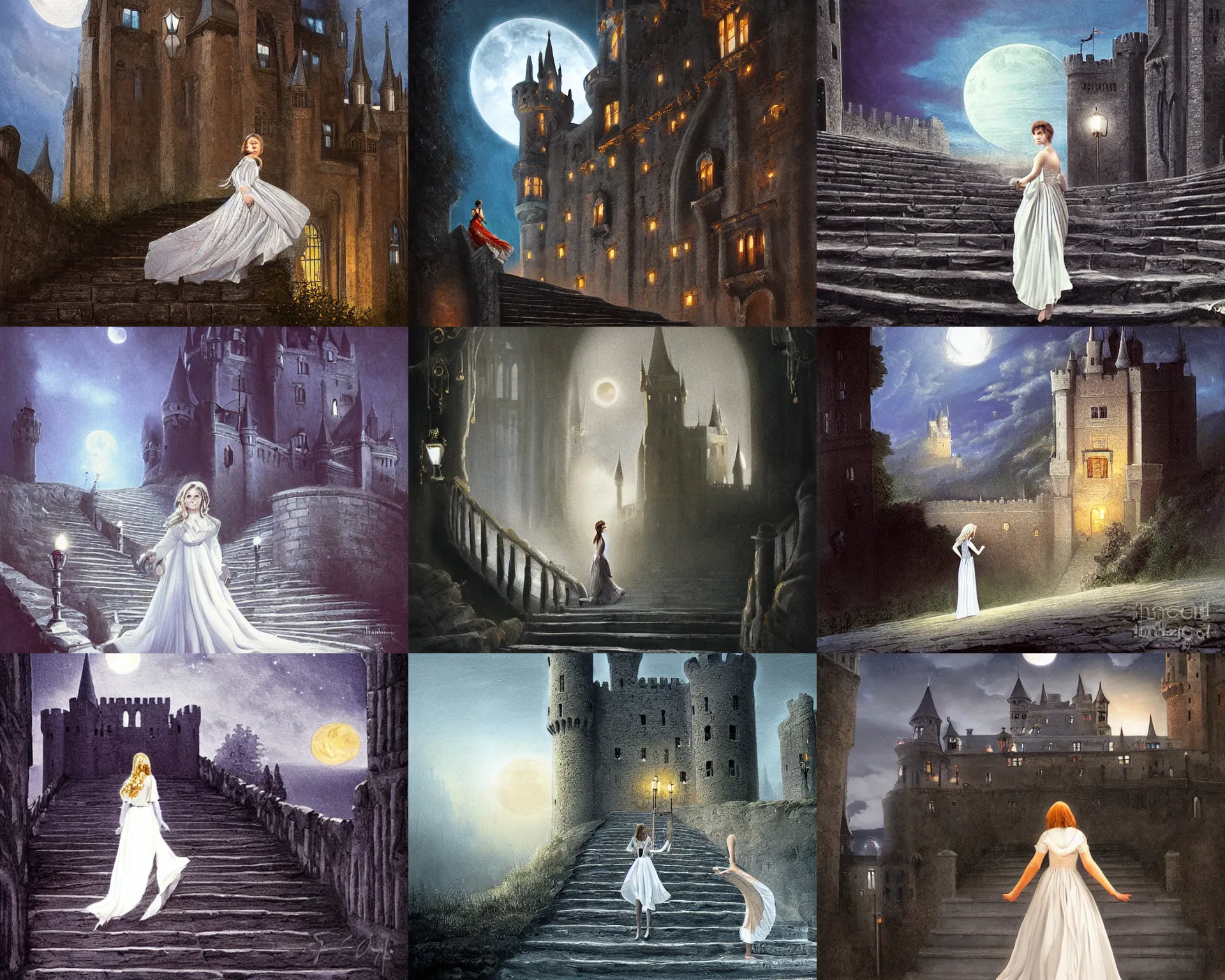 Prompt: A girl in a white dress runs down the castle steps. High walls, bright chandeliers in high windows, night, moonlight, matte painting, 30mm, medium shot, dark fantasy painting by Franz Hein