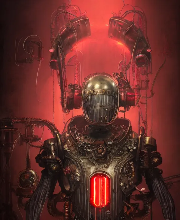 Image similar to steampunk style JoJo stand, red neon lights, evil armour, by HR Giger and Beksiński and Stephan Martiniere , 4k resolution, detailed, trending on artstation