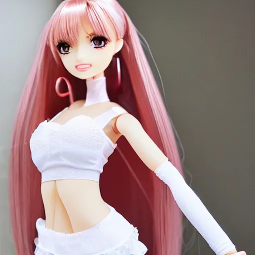 Prompt: anime barbie in white stockings, white bra, full length, standing posture, full length, patterned clothing