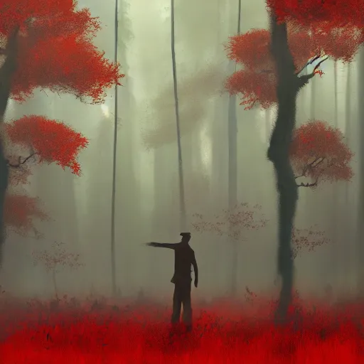 Prompt: a red silhouette of a man flying in a grey forest, eerie, craig mullins