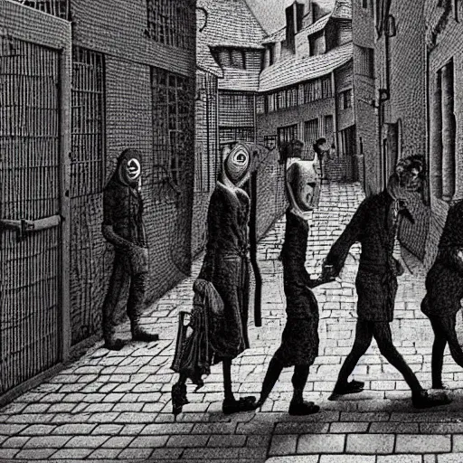 Image similar to men and women captured by evil walking the streets. footage of terrifying disfigured people roaming dark streets, very gory hyperrealistic vivid horror. photographed by m. c. escher in full colour hd hdlr