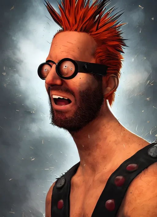 Image similar to An epic fantasy comic book style portrait painting of young man with red spiked long hair, using an orange lens googles. Wearing a black waistcoat, white shirt. He is with a vicious smile in face. Unreal 5, DAZ, hyperrealistic, octane render, cosplay, RPG portrait, dynamic lighting