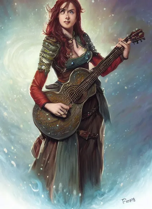 Image similar to female bard playing guitar, ultra detailed fantasy, dndbeyond, bright, colourful, realistic, dnd character portrait, full body, pathfinder, pinterest, art by ralph horsley, dnd, rpg, lotr game design fanart by concept art, behance hd, artstation, deviantart, hdr render in unreal engine 5