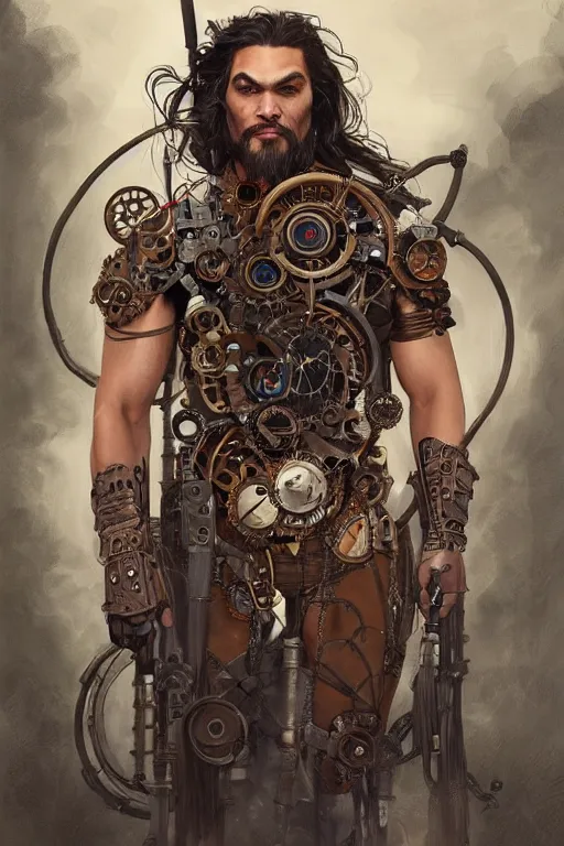 Image similar to jason momoa as a steampunk cyborg, portrait, western, steampunk, duster, fantasy, intricate, elegant, highly detailed, digital painting, artstation, concept art, sharp focus, illustration, art by artgerm and greg rutkowski and alphonse mucha