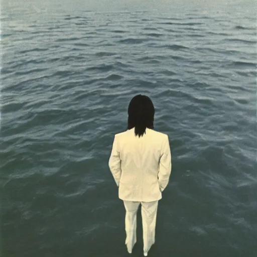 Prompt: japanese man with long hair in a suit standing in the ocean looking at the camera, wide shot, far!!!!!!! away, zoomed out, distance!!!!!!! shot, sunset, album cover, 1980, tatsuro yamashita, ride on time