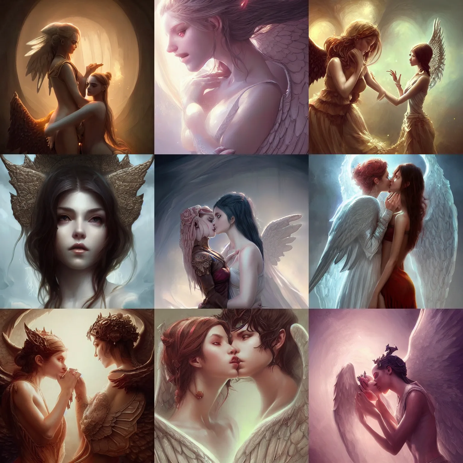 Prompt: 3d rendering, a demon girl and a angel girl kissing, fantasy, intricate, elegant, highly detailed, digital painting, artstation, concept art, art by artgerm and greg rutkowski