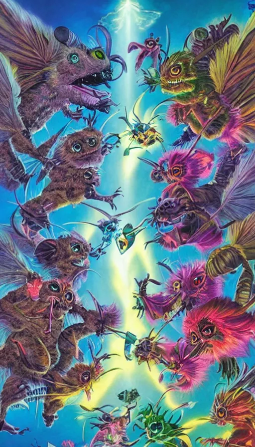 Image similar to gremlins vs mothra vs stephen hawkin art by Noriyoshi Ohrai and Lisa Frank