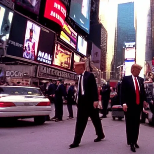 Image similar to still of donald trump walking with bodyguards in time square, wearing maga hat, in american psycho ( 1 9 9 9 )