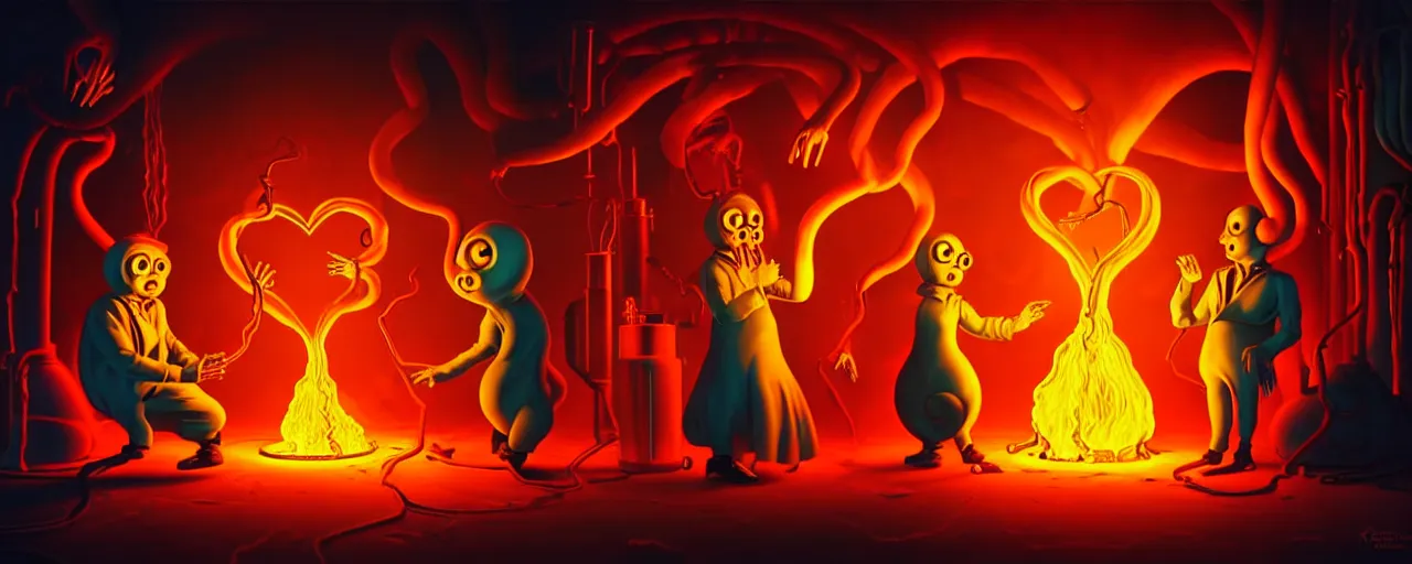 Image similar to uncanny alchemist chthonic creatures inside a fiery alchemical lab within the left ventricle of a human heart, dramatic lighting, surreal 1 9 3 0 s fleischer cartoon characters, surreal painting by ronny khalil