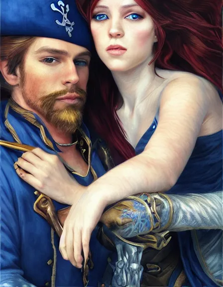 Image similar to couple. fully clothed armed female pirate captain with a male pirate partner, sun, summer, blue eyes, beauty, wisdom, love, strength, knowledge, smart, portrait, symmetrical, highly detailed, digital painting, artstation, smooth, sharp focus, illustration, strength, art by artgerm, renoir and louis theophile hingre. 8 k