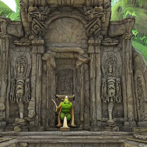 Image similar to Shrek statues in an ancient collapsing temple to Shrek discovered deep in the swamps, 4k render, octane, ancient ogre imagery, tribal war god, dark amazonian temple, onion statue, gargoyle-like decorations in the style of Donkey. hyper-detailed, intricate, hallowed swampland, Shrek (2003) by DreamWorks animation