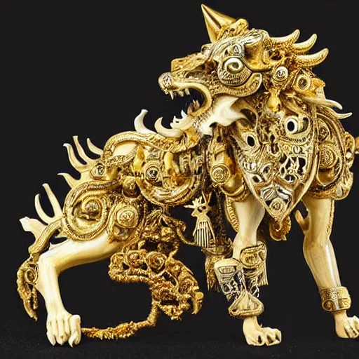 Image similar to wolf skull covered in gold intricate ornaments and jewelry, smoke in the back, chinese ivory sculpture, necroxii style, tarot, extremely high detail, black background