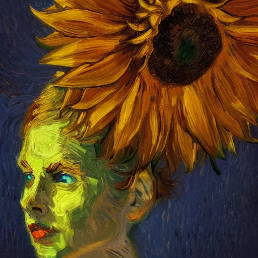 Prompt: giant sunflower head, woman in a luxury apartment, surreal, dramatic light, impressionist painting, digital painting, artstation, van gogh