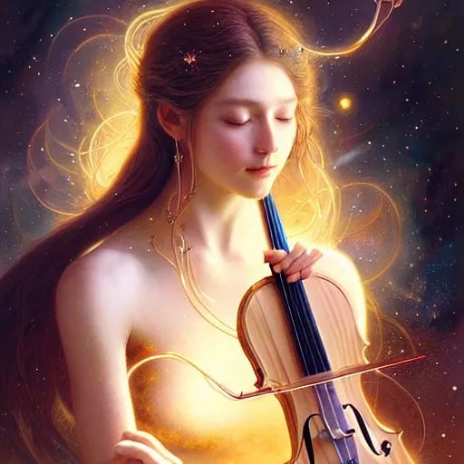 Image similar to a high quality life like portrait of a very very beautiful! celestial goddess of life playing a mystical violin and springing life into the universe, highly detailed, intricate, sharp focus, fantasy, mystical, dreamlike, by WLOP and greg rutkowski