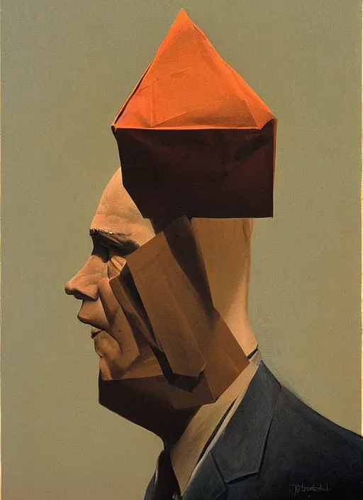 Image similar to propaganda man portrait with a paper bag over the head Edward Hopper and James Gilleard, Zdzislaw Beksinski, highly detailed