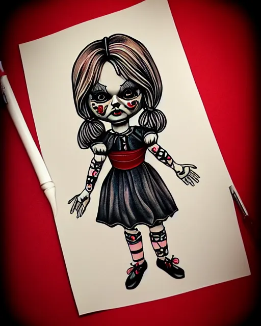 Prompt: tattoo flash art of the annabelle doll from the movie, highly detailed