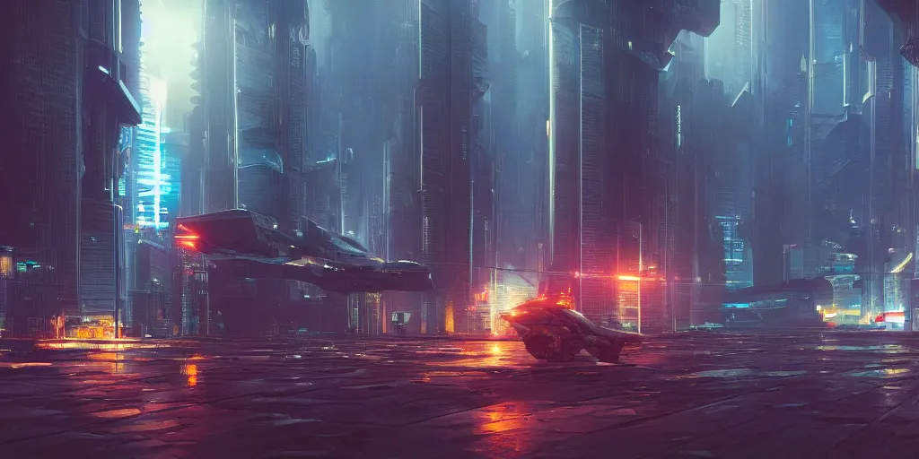 Prompt: a cyberpunk spaceship approaches a dystopian city. rain, night. detailed, UHD, octane render, trending on artstation, hyper realism, 4k. by chris foss, darek zabrocki. vibrant colors.