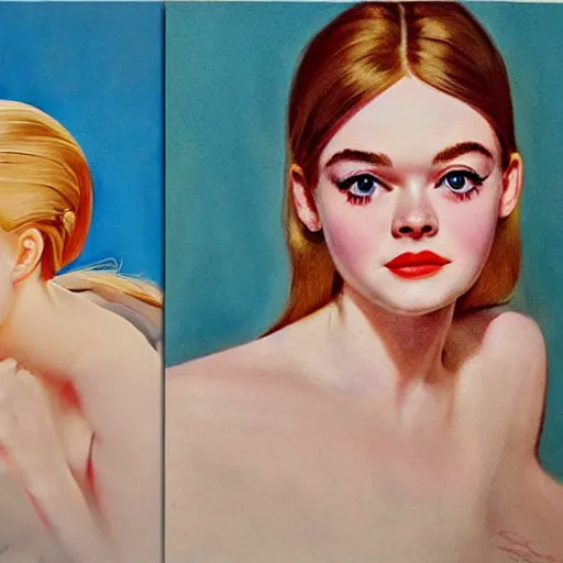 Image similar to ultra realistic portrait painting of elle fanning in a 6 0 s ad, art by frank frazetta, 4 k, ultra realistic, highly detailed, epic lighting