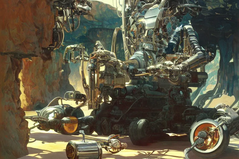 Image similar to natural landscape | robot repairing another robot, painting by syd mead and weta studio, alphonso mucha, james jean, frank frazetta, highly detailed, rule of third, soft lighting, 8 k resolution, oil on canvas, architectural magazine, beautiful detailed, insanely intricate details, artstation trending, hypermaximalistic, high details, cinematic