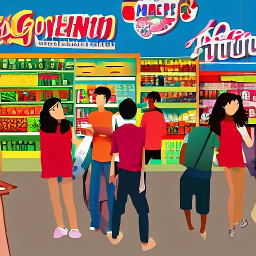 Image similar to teens visiting groceries store artwork by ztoon zt 0 0 n