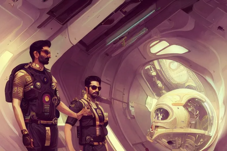 Image similar to Sensual good looking pale young Indian doctors wearing Deus Ex clothing in a space station above Earth, portrait, elegant, intricate, digital painting, artstation, concept art, smooth, sharp focus, illustration, art by artgerm and greg rutkowski and alphonse mucha