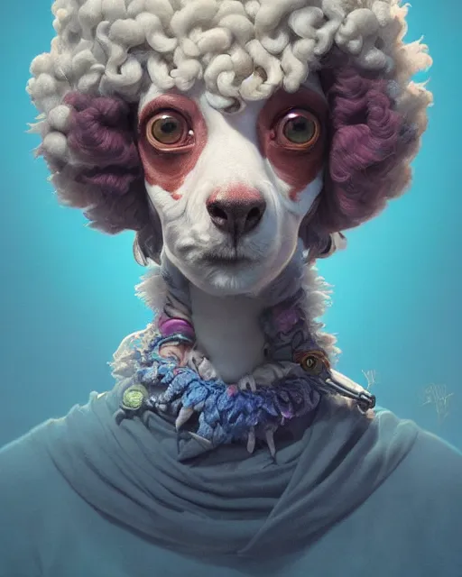 Image similar to highly detailed surreal vfx portrait of a nowpunk poodle, stephen bliss, unreal engine, greg rutkowski, loish, rhads, beeple, makoto shinkai and lois van baarle, ilya kuvshinov, rossdraws, tom bagshaw, alphonse mucha, global illumination, detailed and intricate environment