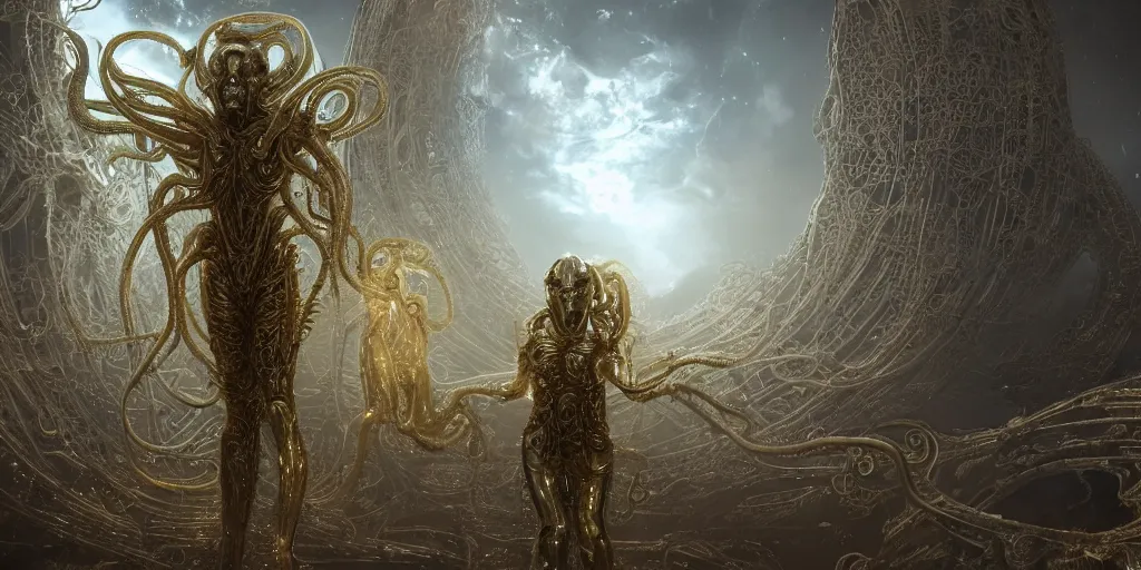 Prompt: a photo of 8k ultra realistic corrupted lovecraftian golden humanoid queen standing next to a spaceship window overlooking earth, 8 intricate white and gold tentacles, ornate white and gold armour, HR Giger and Vincent Di Fate, cinematic lighting, trending on artstation, 4k, hyperrealistic, focused, extreme details, unreal engine 5, cinematic, masterpiece